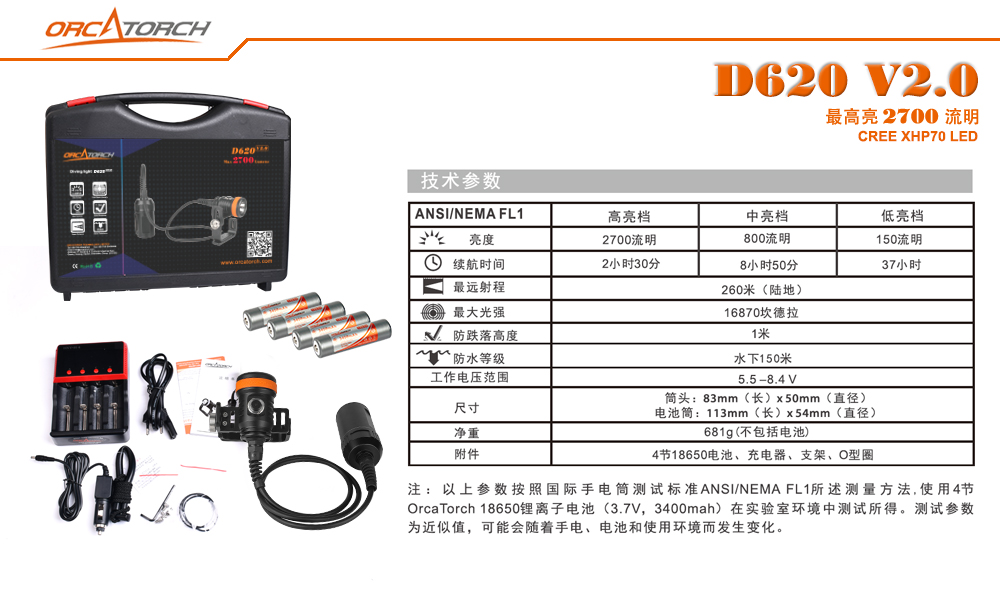 OrcaTorch久久国产三级精品（jīng），D620技術潛水照明，分（fèn）體式潛水電（diàn）筒，水肺潛水手電筒，洞穴潛水（shuǐ）手電筒（tǒng），水下工作照（zhào）明