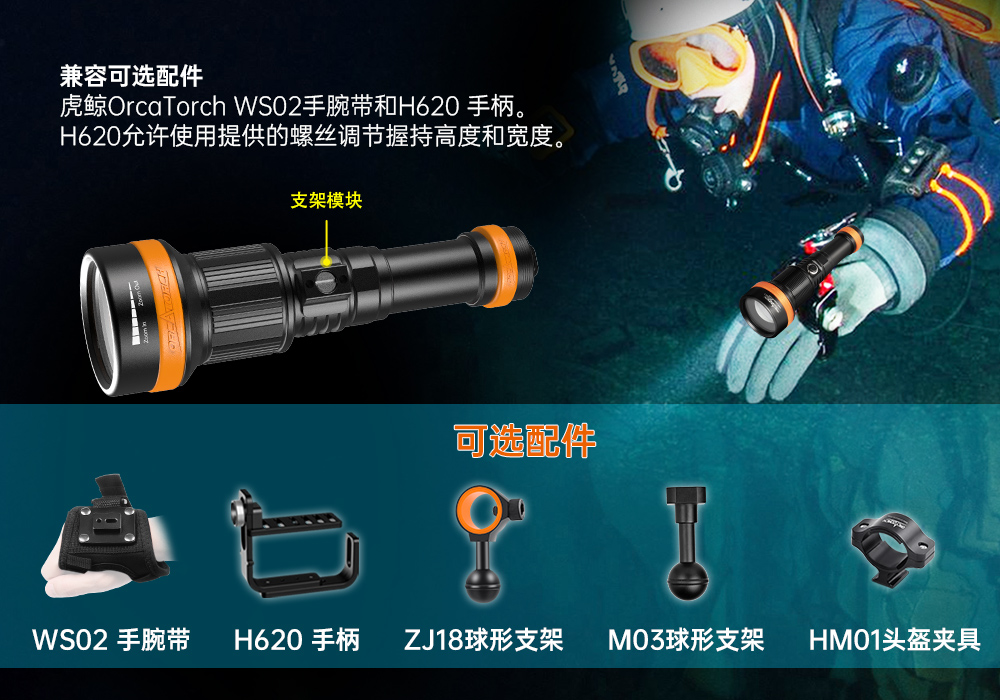 虎（hǔ）鯨OrcaTorch，ZD710 MK2變焦潛水燈，ZD710 MK2技術潛水手電筒，水下探險照明，水下搜索燈，沉船照明燈，變焦潛（qián）水手電